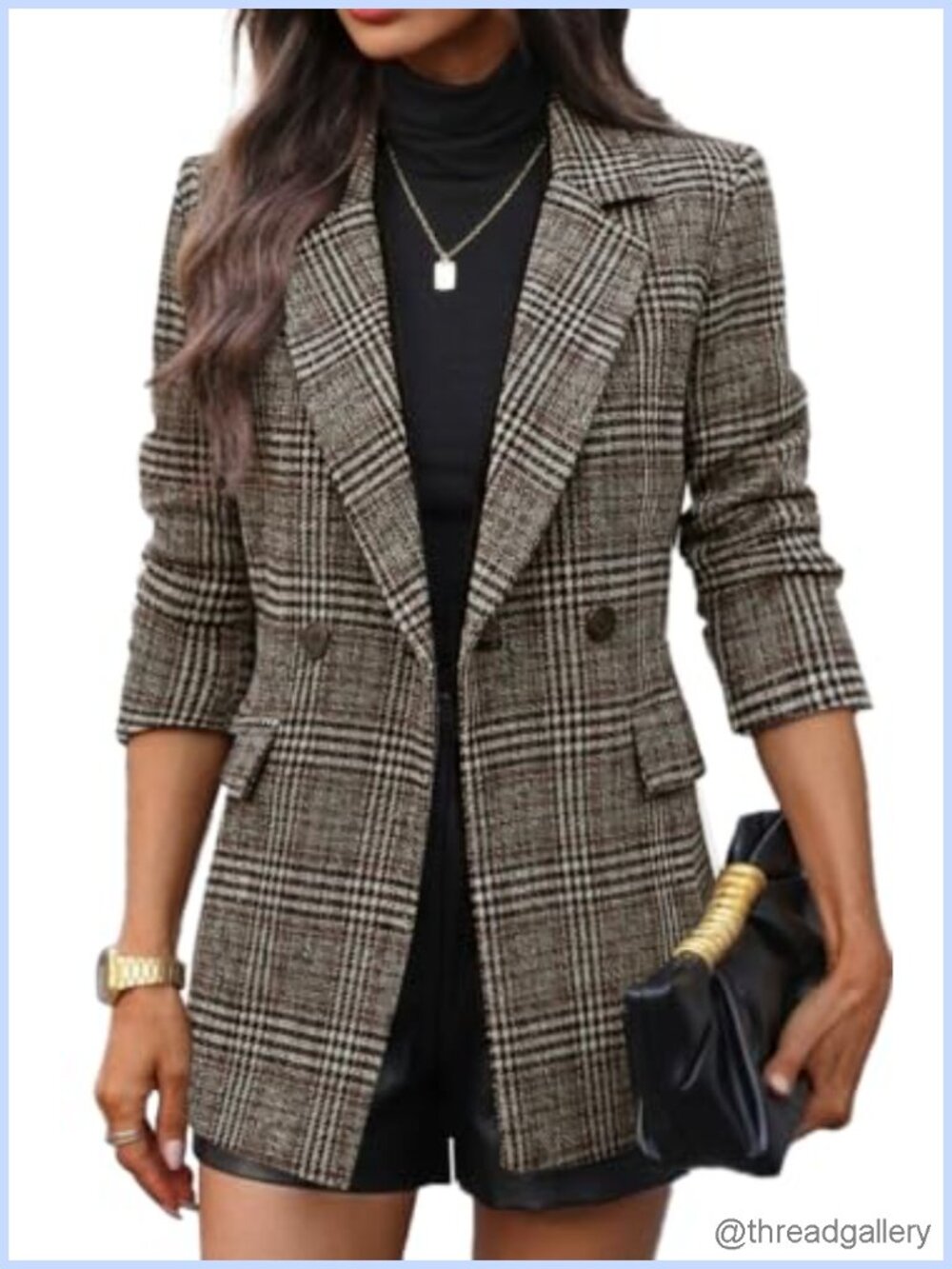 Tweed Blazer Women Double-Breasted Plaid Long Slim-Fit Work Business Casual
